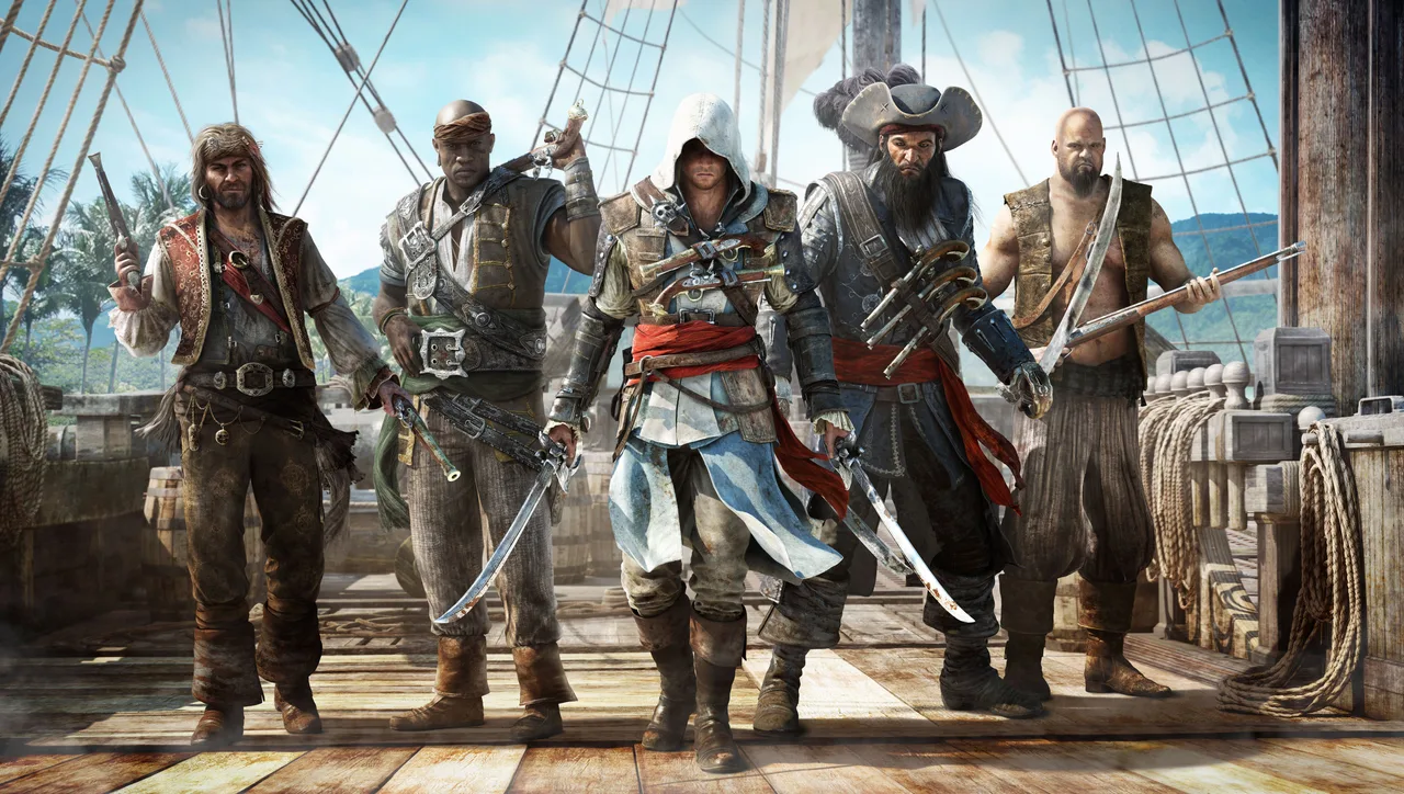 Edward Kenway a bordo de seu navio pirata na arte de Assassin's Creed Black Flag