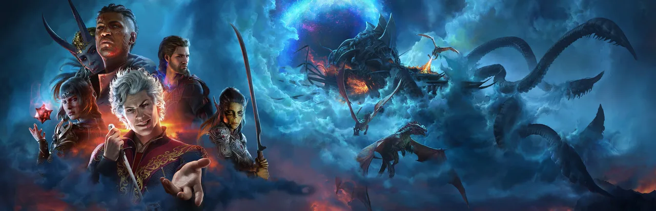 Arte de Baldur's Gate 3 com o grupo de personagens