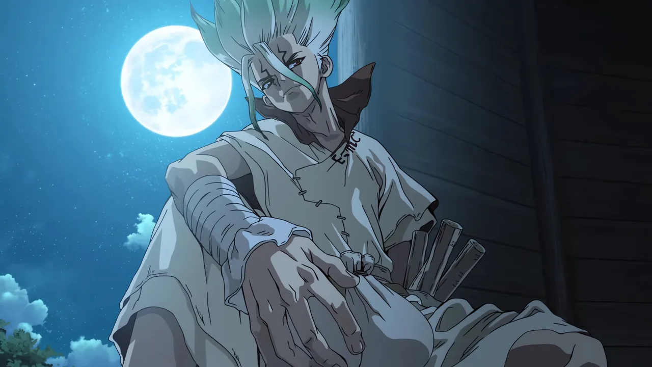 Arte oficial de Dr. Stone com o elenco principal