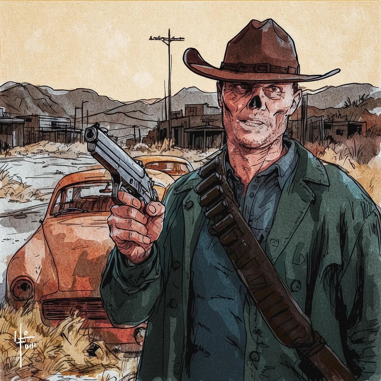 Um ghoul no deserto de Fallout