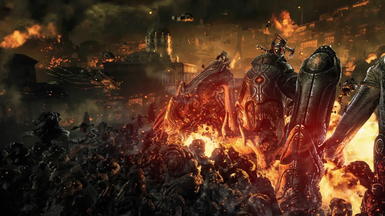 Cena de combate de Gears of War: E-Day contra a Horda Locust