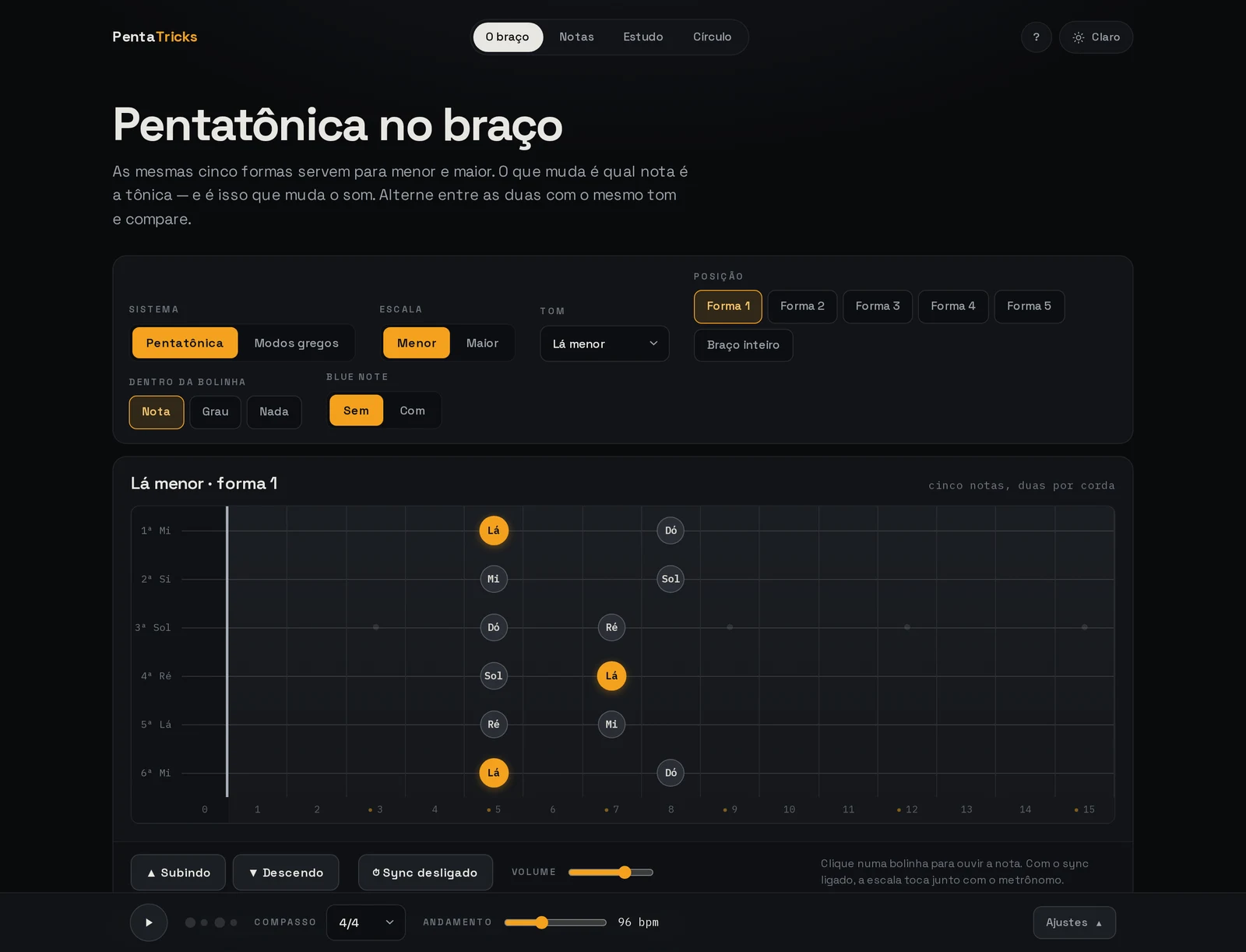 Tela do PentaTricks mostrando o braço da guitarra com a pentatônica de Lá menor, forma 1, e os controles de sistema, escala, tom e posição
