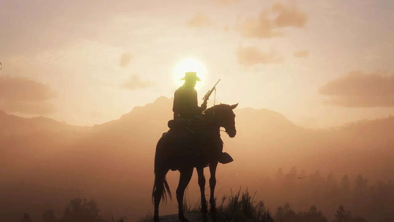 Arthur Morgan montado a cavalo observando a paisagem em Red Dead Redemption 2