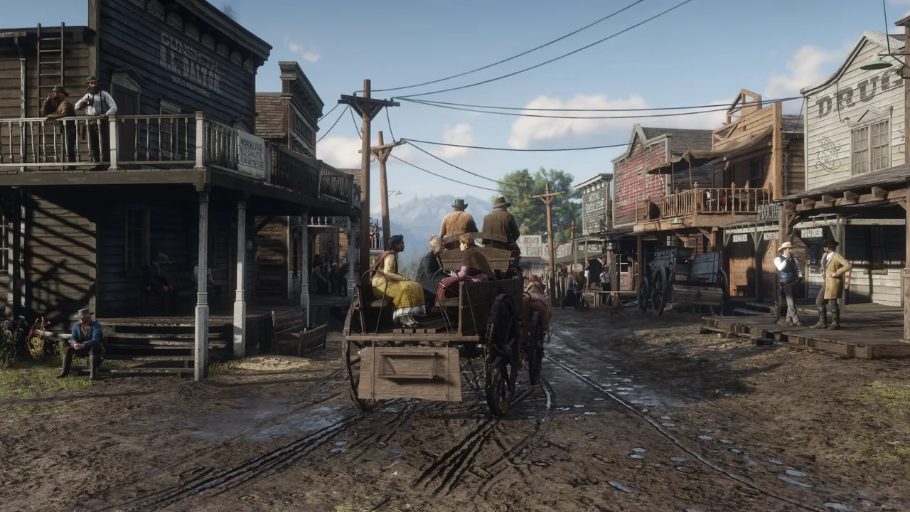 Rua de uma cidade do velho oeste em Red Dead Redemption 2
