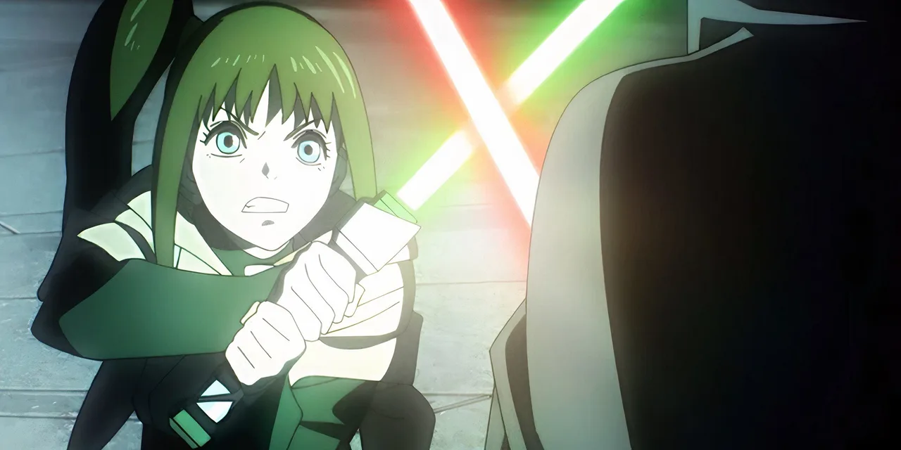 Kara empunhando um sabre de luz verde em The Ninth Jedi