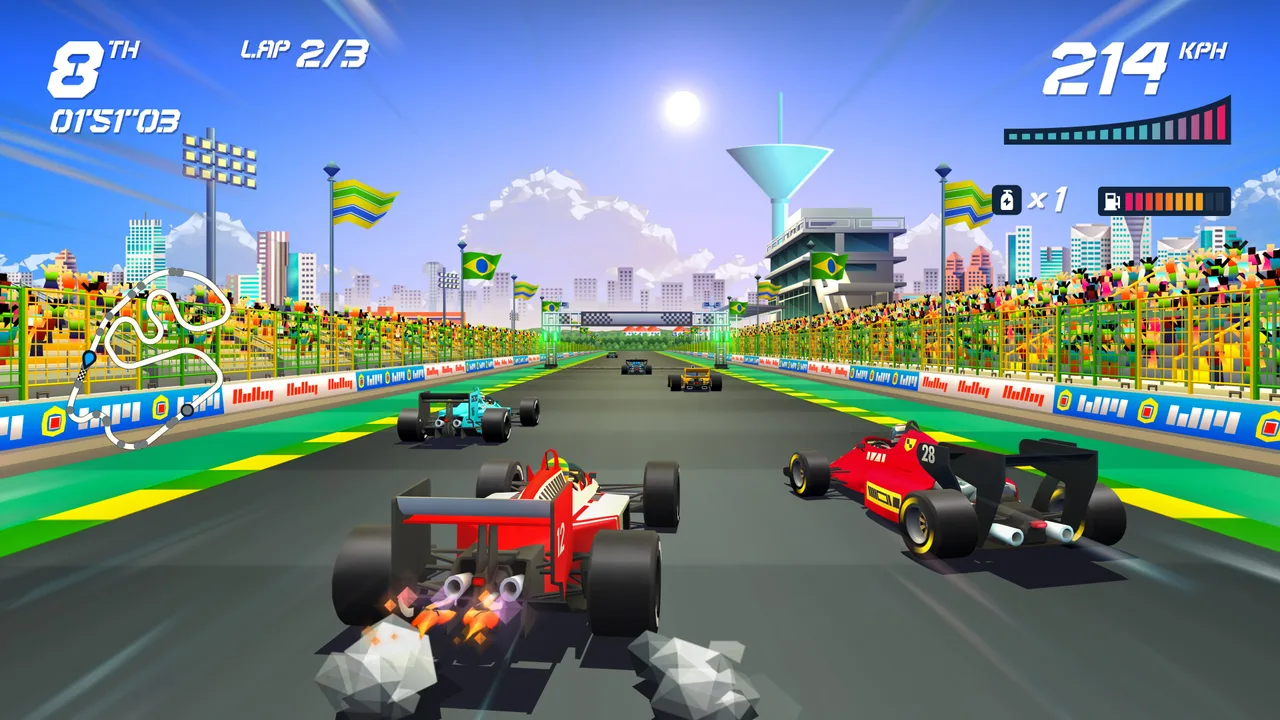 Tela do jogo Horizon Chase em corrida colorida