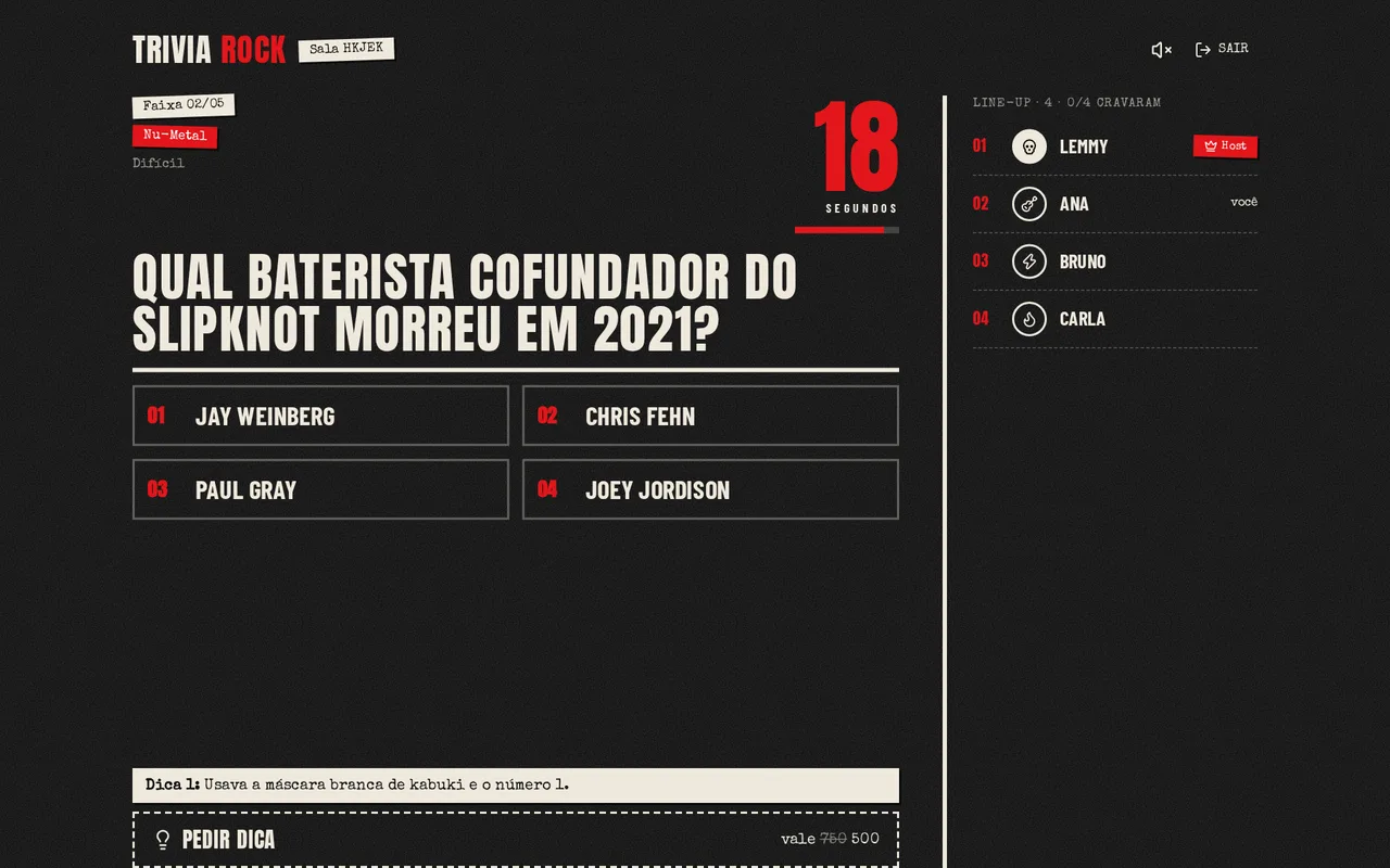 Tela de pergunta do Trivia Rock sobre o baterista do Slipknot, com cronômetro, quatro alternativas e uma dica aberta