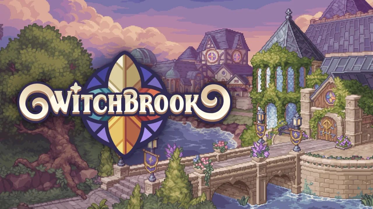 Arte-chave de Witchbrook mostrando personagens na vila de Mossport
