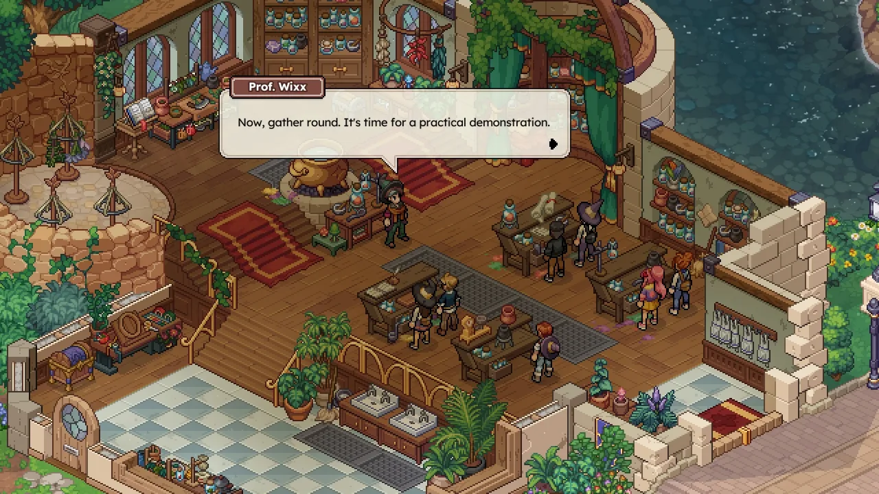 Personagens de Witchbrook em uma aula de alquimia